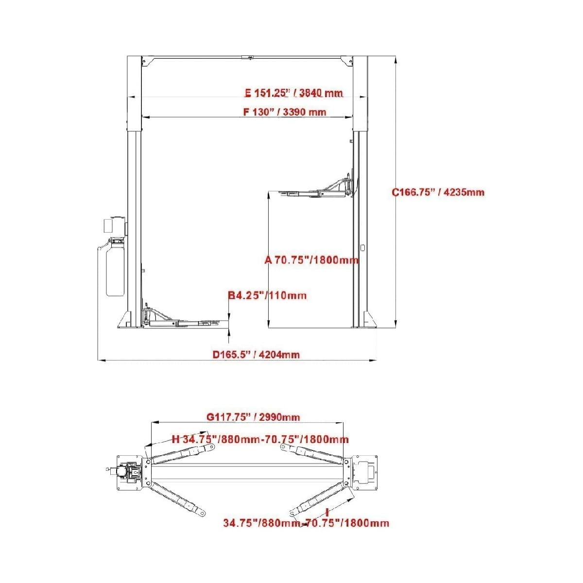 KT-M120L 12000lbs Two Post Lift Auto Lift 2 Post Car Lift Extra Height 167” / 4.235M Max Wide 151 Inch Truck Clear Floor Hoist CE Certified