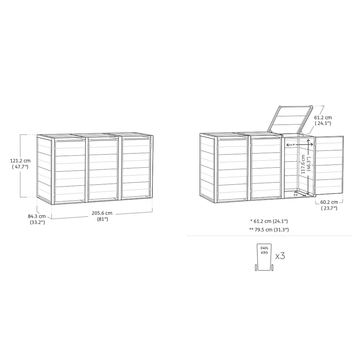 Keter 240L Hideaway 3-Bin Storage Unit | Evotech Wood-Effect, Weather-Resistant | Fits Three 240L Wheelie Bins | Steel & Aluminium Frame | Hydraulic Lids for Easy Access | Outdoor Bin Store