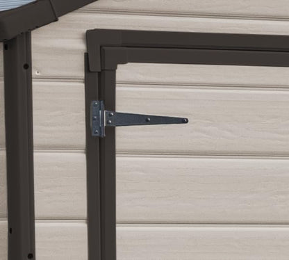 Keter, Manor Apex 6 x 5 ft Outdoor Garden Storage Shed, elegant wood-effect double door design for easy access, durable fade-free resin with window and floor panel for secure storage, Beige and Brown