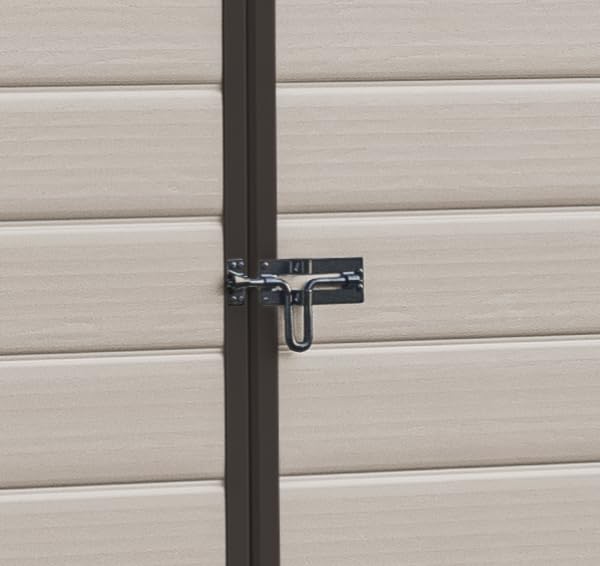 Keter, Manor Apex 6 x 5 ft Outdoor Garden Storage Shed, elegant wood-effect double door design for easy access, durable fade-free resin with window and floor panel for secure storage, Beige and Brown