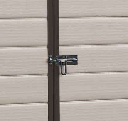 Keter, Manor Apex 6 x 5 ft Outdoor Garden Storage Shed, elegant wood-effect double door design for easy access, durable fade-free resin with window and floor panel for secure storage, Beige and Brown