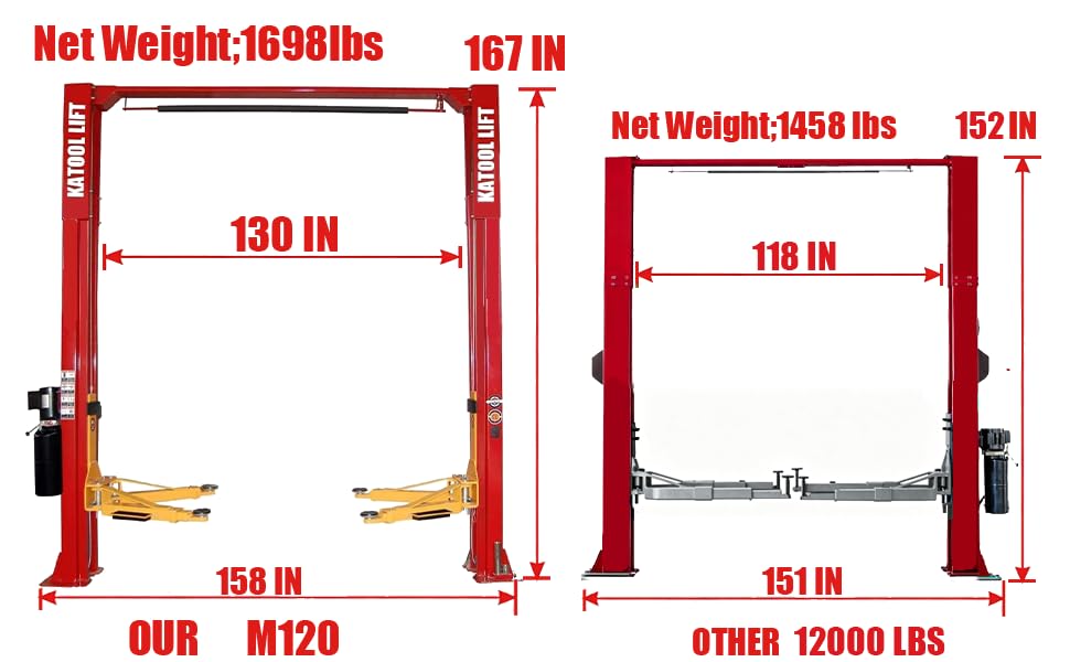KT-M120L 12000lbs Two Post Lift Auto Lift 2 Post Car Lift Extra Height 167” / 4.235M Max Wide 151 Inch Truck Clear Floor Hoist CE Certified