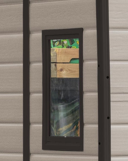 Keter, Manor Apex 6 x 5 ft Outdoor Garden Storage Shed, elegant wood-effect double door design for easy access, durable fade-free resin with window and floor panel for secure storage, Beige and Brown