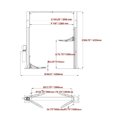 KT-M120L 12000lbs Two Post Lift Auto Lift 2 Post Car Lift Extra Height 167” / 4.235M Max Wide 151 Inch Truck Clear Floor Hoist CE Certified