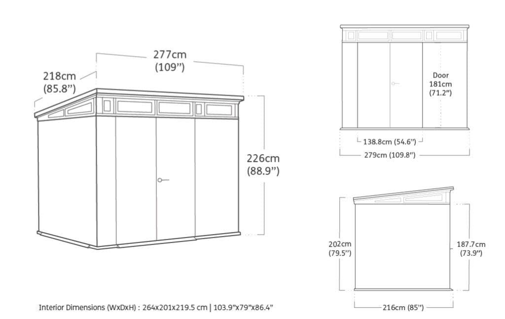 Keter Cortina 9 x 7 Tool Shed with Floor, Weatherproof and UV-Resistant, Double Walled with Steel Frame, Pent Roof and Ventilation, 279 x 218 cm, Grey