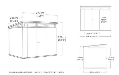 Keter Cortina 9 x 7 Tool Shed with Floor, Weatherproof and UV-Resistant, Double Walled with Steel Frame, Pent Roof and Ventilation, 279 x 218 cm, Grey