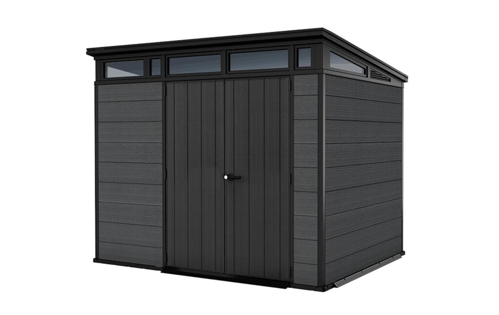 Keter Cortina 9 x 7 Tool Shed with Floor, Weatherproof and UV-Resistant, Double Walled with Steel Frame, Pent Roof and Ventilation, 279 x 218 cm, Grey