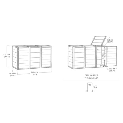 Keter 240L Hideaway 3-Bin Storage Unit | Evotech Wood-Effect, Weather-Resistant | Fits Three 240L Wheelie Bins | Steel & Aluminium Frame | Hydraulic Lids for Easy Access | Outdoor Bin Store