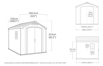 Keter, Factor Outdoor Plastic Garden Storage Shed, elegant wood-effect exterior with double doors and ventilation grills, heavy-duty floor with window and skylight, 255 x 256.5 x 243 cm, Beige