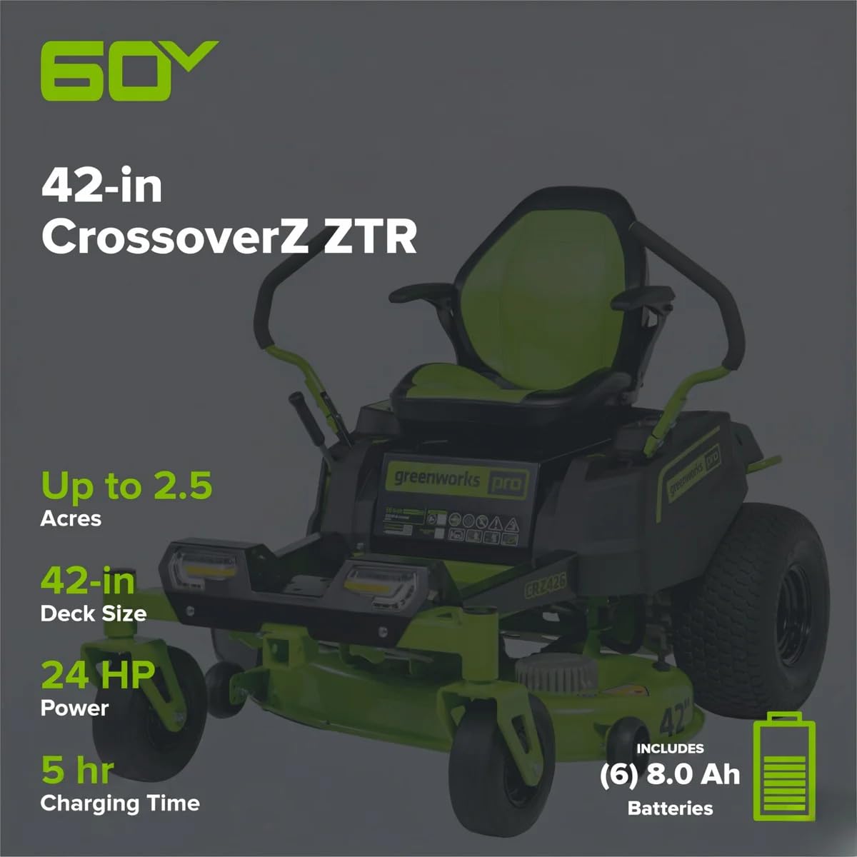 Greenworks 60V 42" CrossoverZ Zero Turn Mower, (6) 8.0Ah Batts&600W Chgr