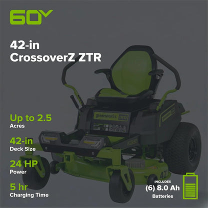 Greenworks 60V 42" CrossoverZ Zero Turn Mower, (6) 8.0Ah Batts&600W Chgr