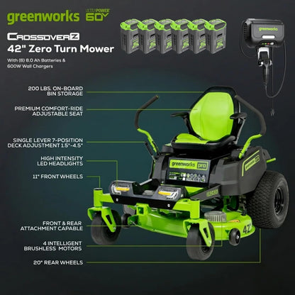 Greenworks 60V 42" CrossoverZ Zero Turn Mower, (6) 8.0Ah Batts&600W Chgr