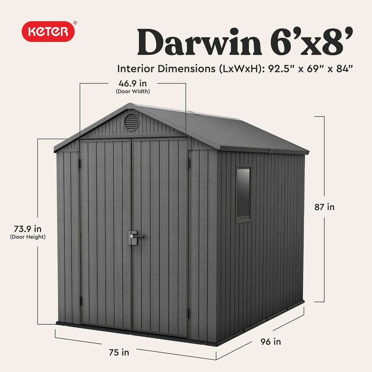 Keter Darwin 6x8 Ft Resin Storage Shed, Graphite Gray – Double Doors with Window & Skylight