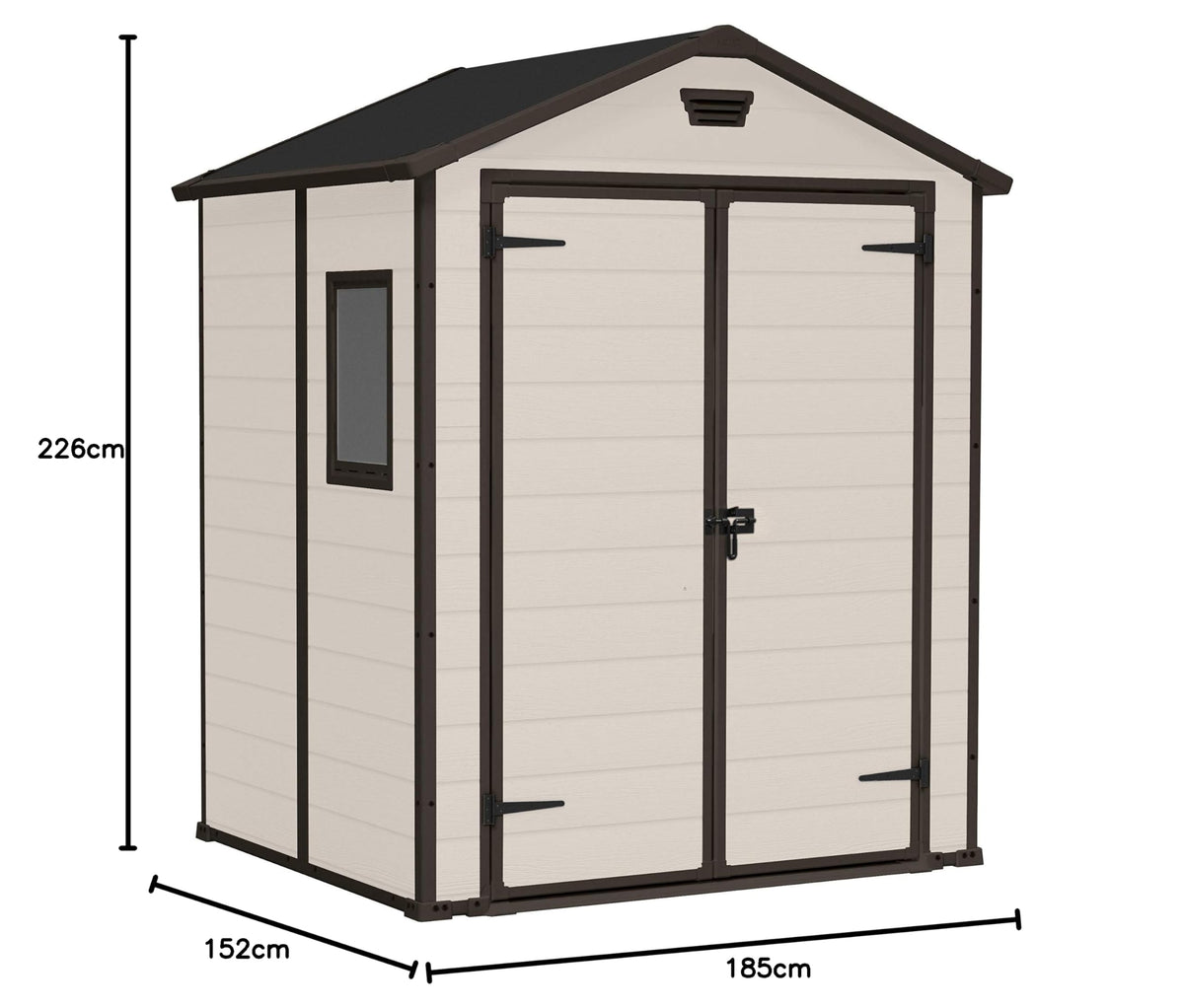 Keter, Manor Apex 6 x 5 ft Outdoor Garden Storage Shed, elegant wood-effect double door design for easy access, durable fade-free resin with window and floor panel for secure storage, Beige and Brown