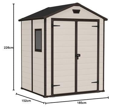 Keter, Manor Apex 6 x 5 ft Outdoor Garden Storage Shed, elegant wood-effect double door design for easy access, durable fade-free resin with window and floor panel for secure storage, Beige and Brown
