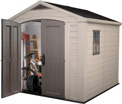 Keter, Factor Outdoor Plastic Garden Storage Shed, elegant wood-effect exterior with double doors and ventilation grills, heavy-duty floor with window and skylight, 255 x 256.5 x 243 cm, Beige