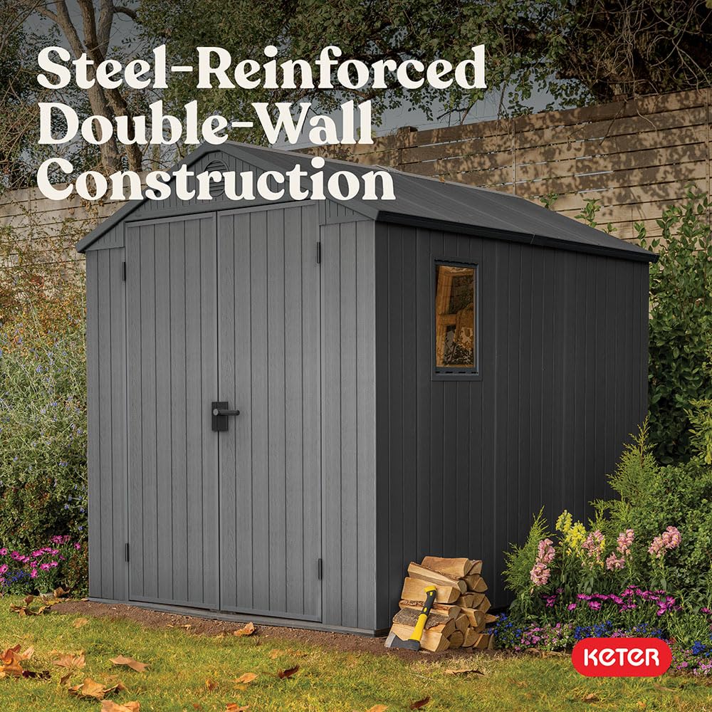 Keter Darwin 6x8 Ft Resin Storage Shed, Graphite Gray – Double Doors with Window & Skylight