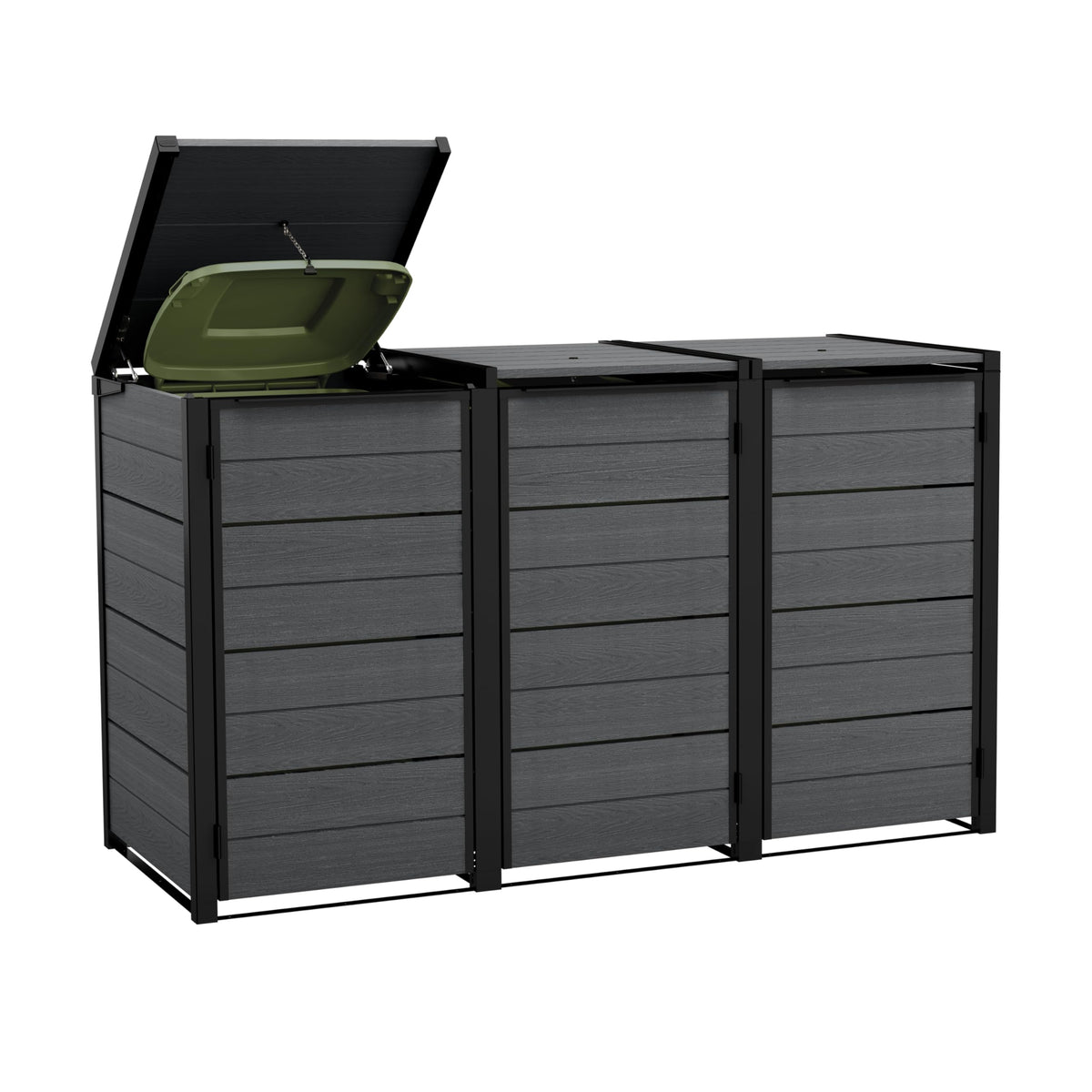 Keter 240L Hideaway 3-Bin Storage Unit | Evotech Wood-Effect, Weather-Resistant | Fits Three 240L Wheelie Bins | Steel & Aluminium Frame | Hydraulic Lids for Easy Access | Outdoor Bin Store