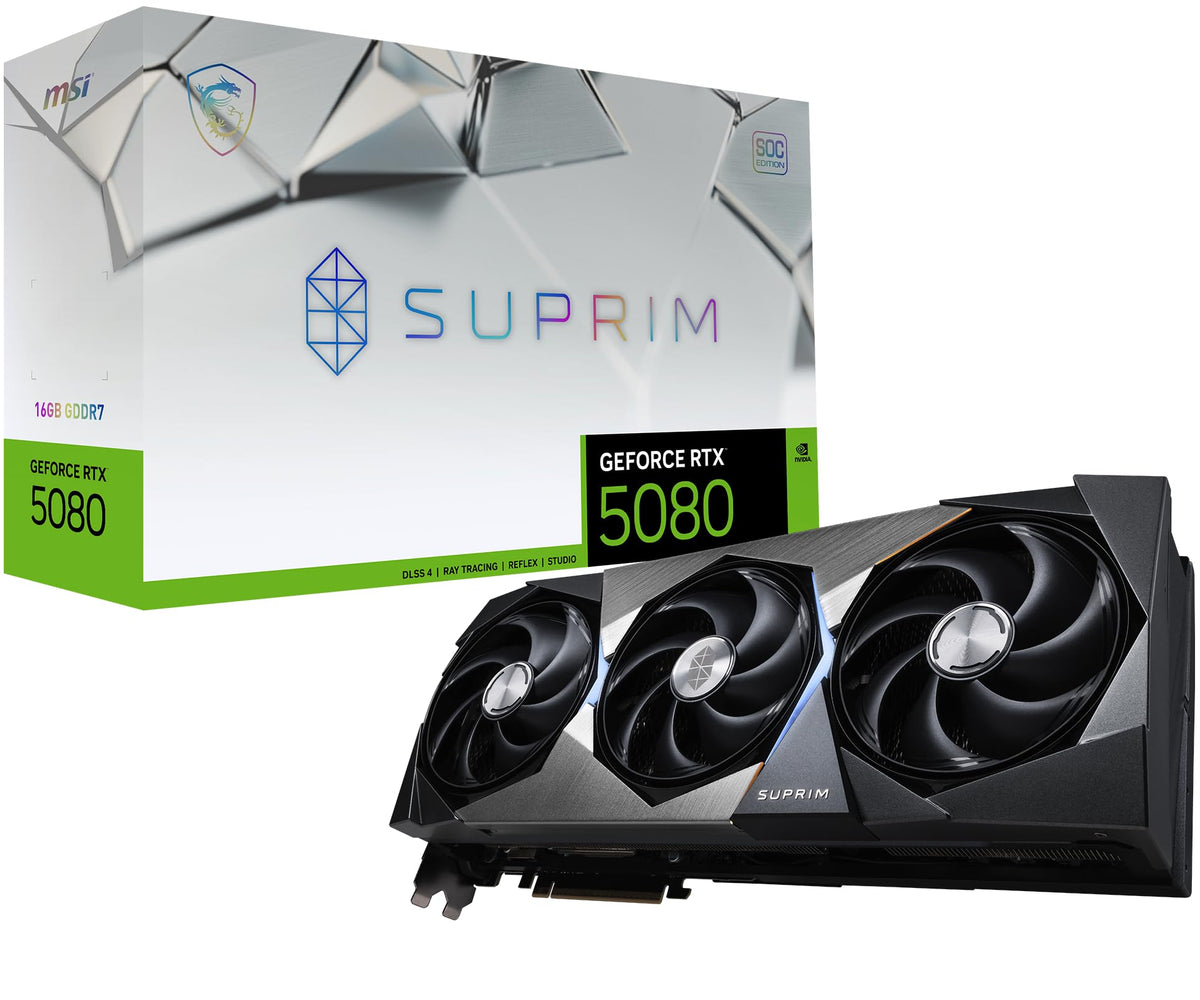 msi Gaming RTX 5080 16G SUPRIM SOC Graphics Card (16GB GDDR7, 256-bit, Extreme Performance: 2760 MHz, DisplayPort x 3 2.1a, HDMI 2.1b, NVIDIA Blackwell Architecture)
