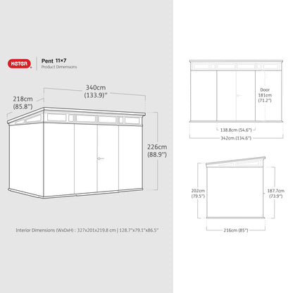 Keter Signature Collection Pent 11x7ft Outdoor Storage Shed | Large Weatherproof Garden Building with 13.7m³ Capacity, Steel‑Reinforced Roof, Heavy‑Duty Floor & Lockable Double Doors