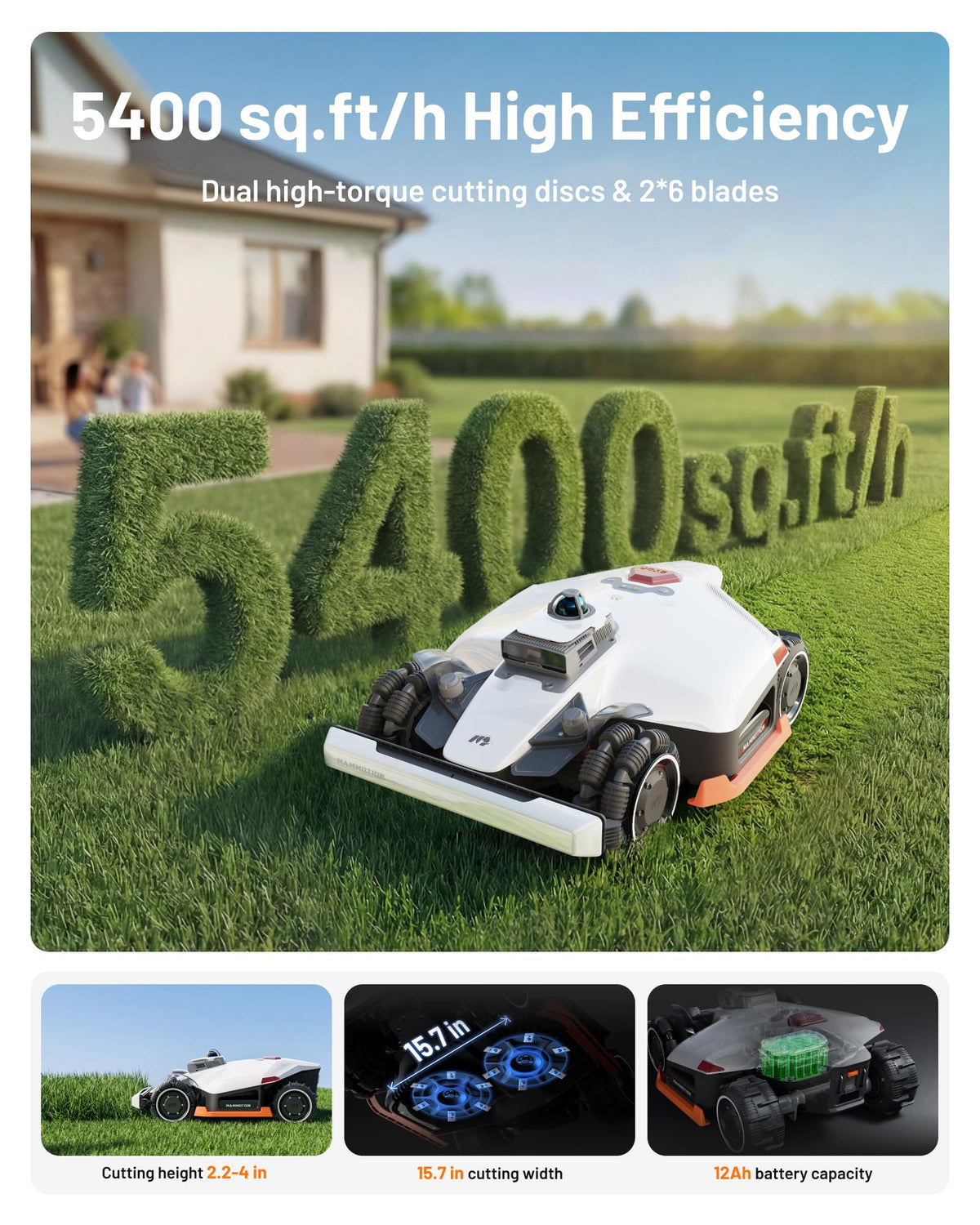 Mammotion LUBA 3 AWD 3000H Robot Lawn Mower with Cleaning Stand (Ship Separately), 360° LiDAR+NetRTK+AI Vision, 5400 sq.ft/h, AWD for 80% Slopes, Cutting Height 2.2"-4.0"