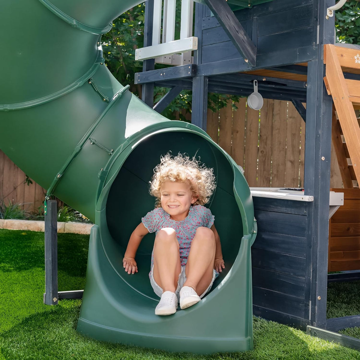 KidKraft Cozy Escape Outdoor Play Tower, Tube Slide, Wooden Climbing Frame