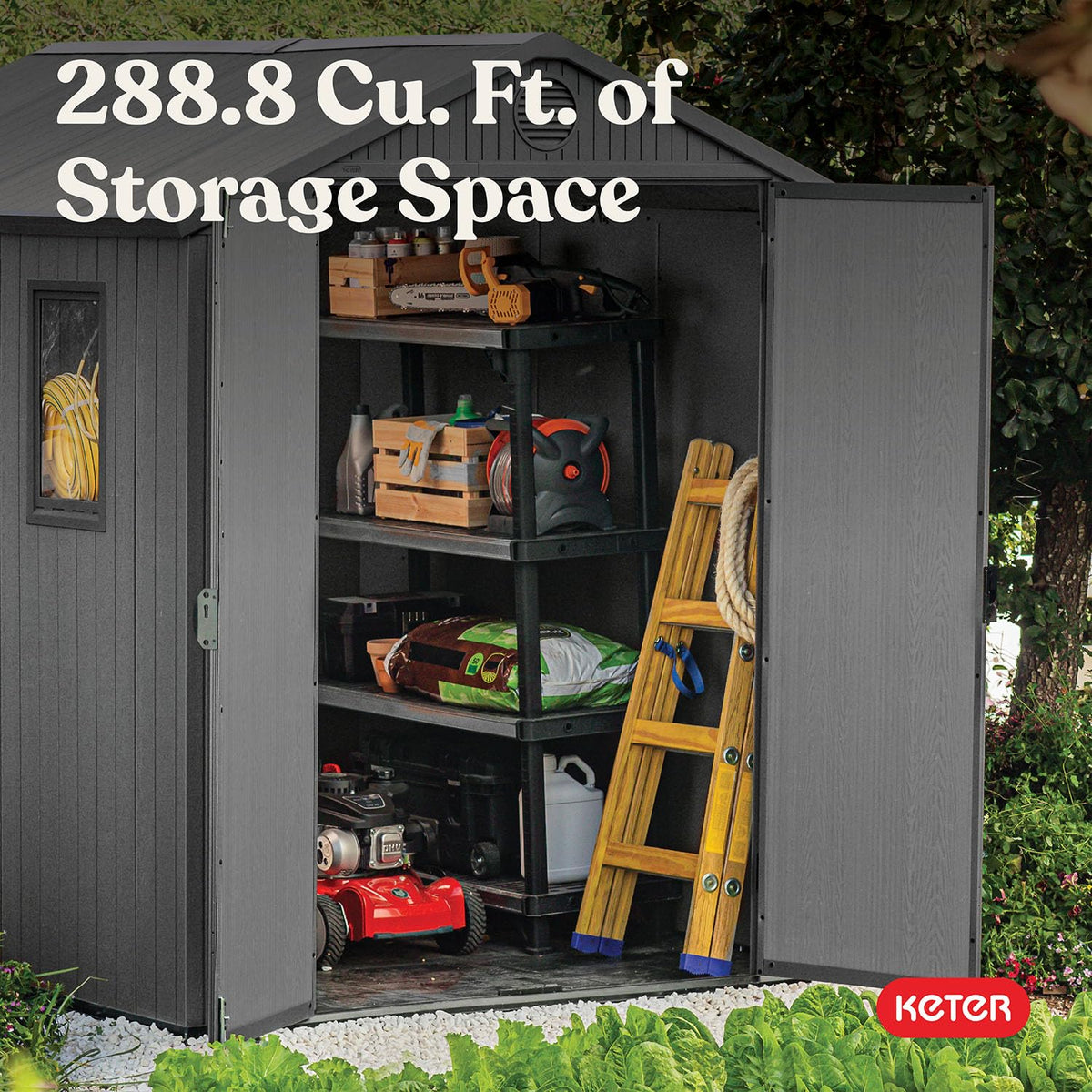 Keter Darwin 6x8 Ft Resin Storage Shed, Graphite Gray – Double Doors with Window & Skylight