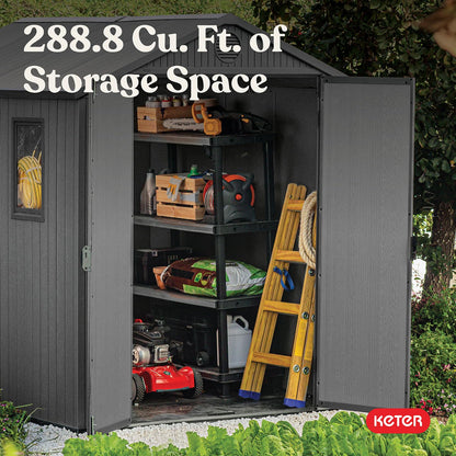 Keter Darwin 6x8 Ft Resin Storage Shed, Graphite Gray – Double Doors with Window & Skylight