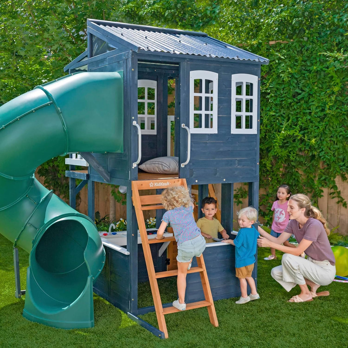 KidKraft Cozy Escape Outdoor Play Tower, Tube Slide, Wooden Climbing Frame