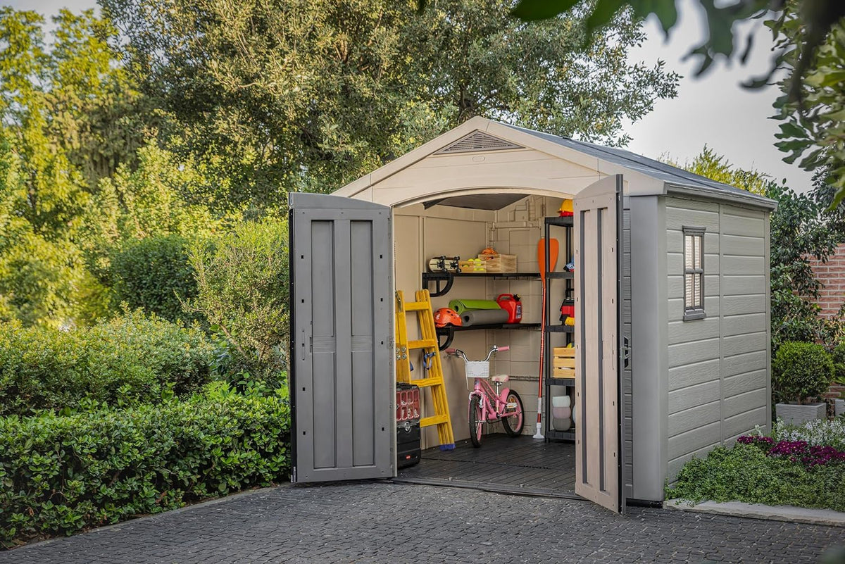 Keter, Factor Outdoor Plastic Garden Storage Shed, elegant wood-effect exterior with double doors and ventilation grills, heavy-duty floor with window and skylight, 255 x 256.5 x 243 cm, Beige