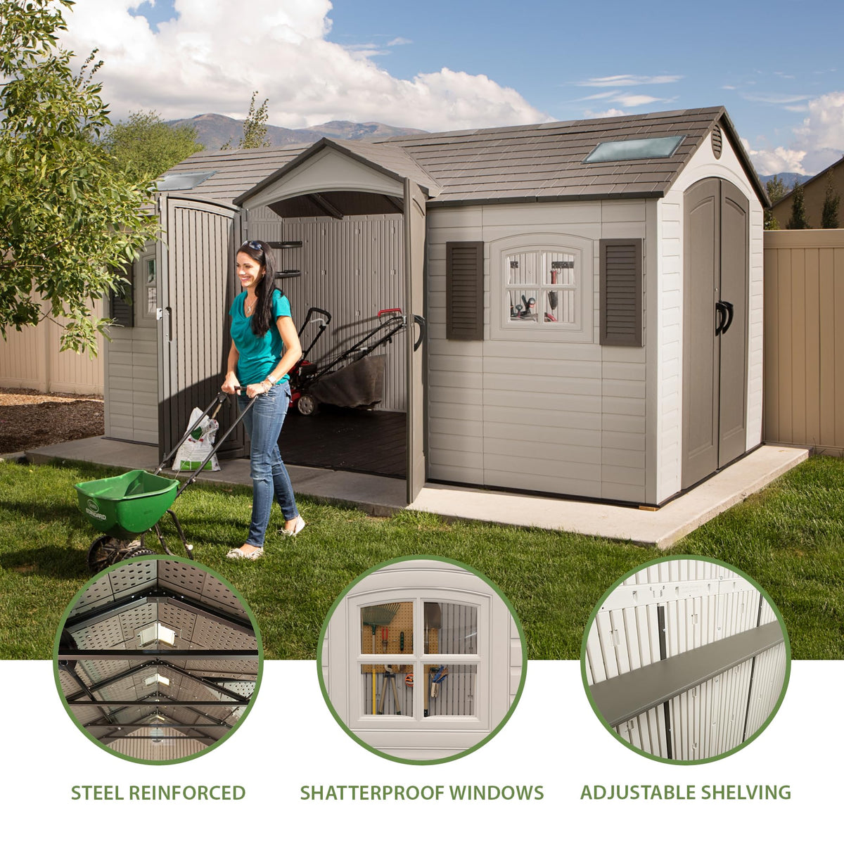 Lifetime 15×8 Ft Dual‑Entry Outdoor Storage Shed