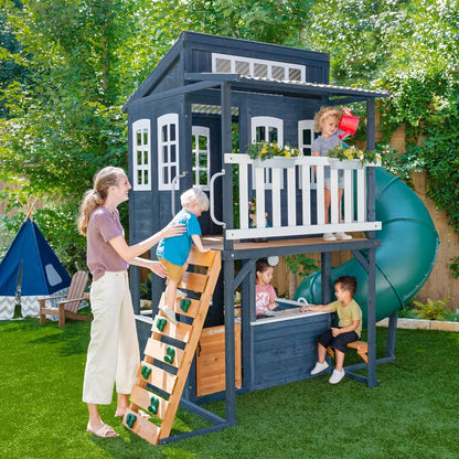 KidKraft Cozy Escape Outdoor Play Tower, Tube Slide, Wooden Climbing Frame