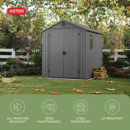 Keter Darwin 6x8 Ft Resin Storage Shed, Graphite Gray – Double Doors with Window & Skylight