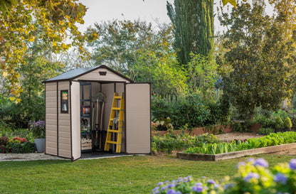 Keter, Manor Apex 6 x 5 ft Outdoor Garden Storage Shed, elegant wood-effect double door design for easy access, durable fade-free resin with window and floor panel for secure storage, Beige and Brown