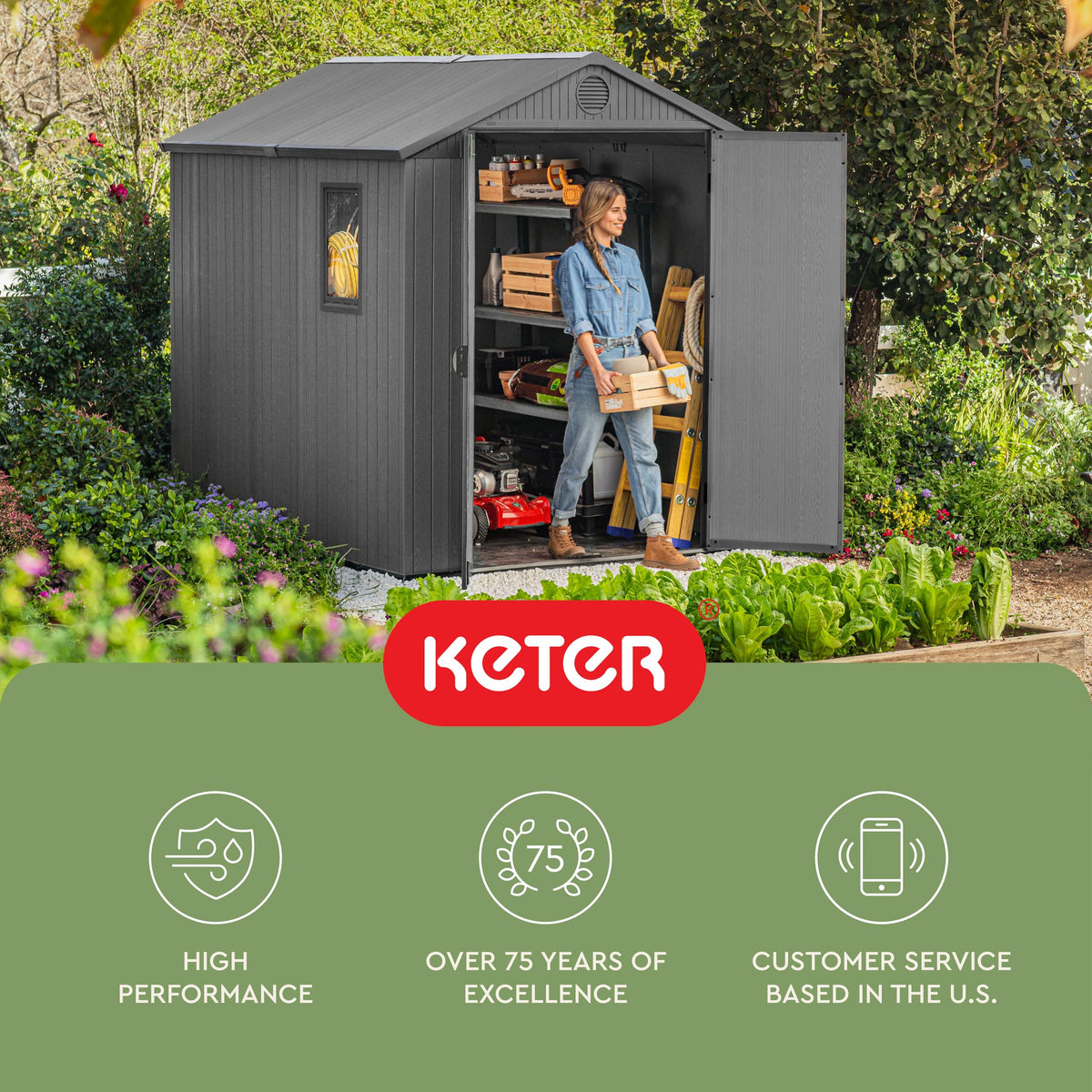 Keter Darwin 6x8 Ft Resin Storage Shed, Graphite Gray – Double Doors with Window & Skylight