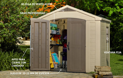 Keter, Factor Outdoor Plastic Garden Storage Shed, elegant wood-effect exterior with double doors and ventilation grills, heavy-duty floor with window and skylight, 255 x 256.5 x 243 cm, Beige