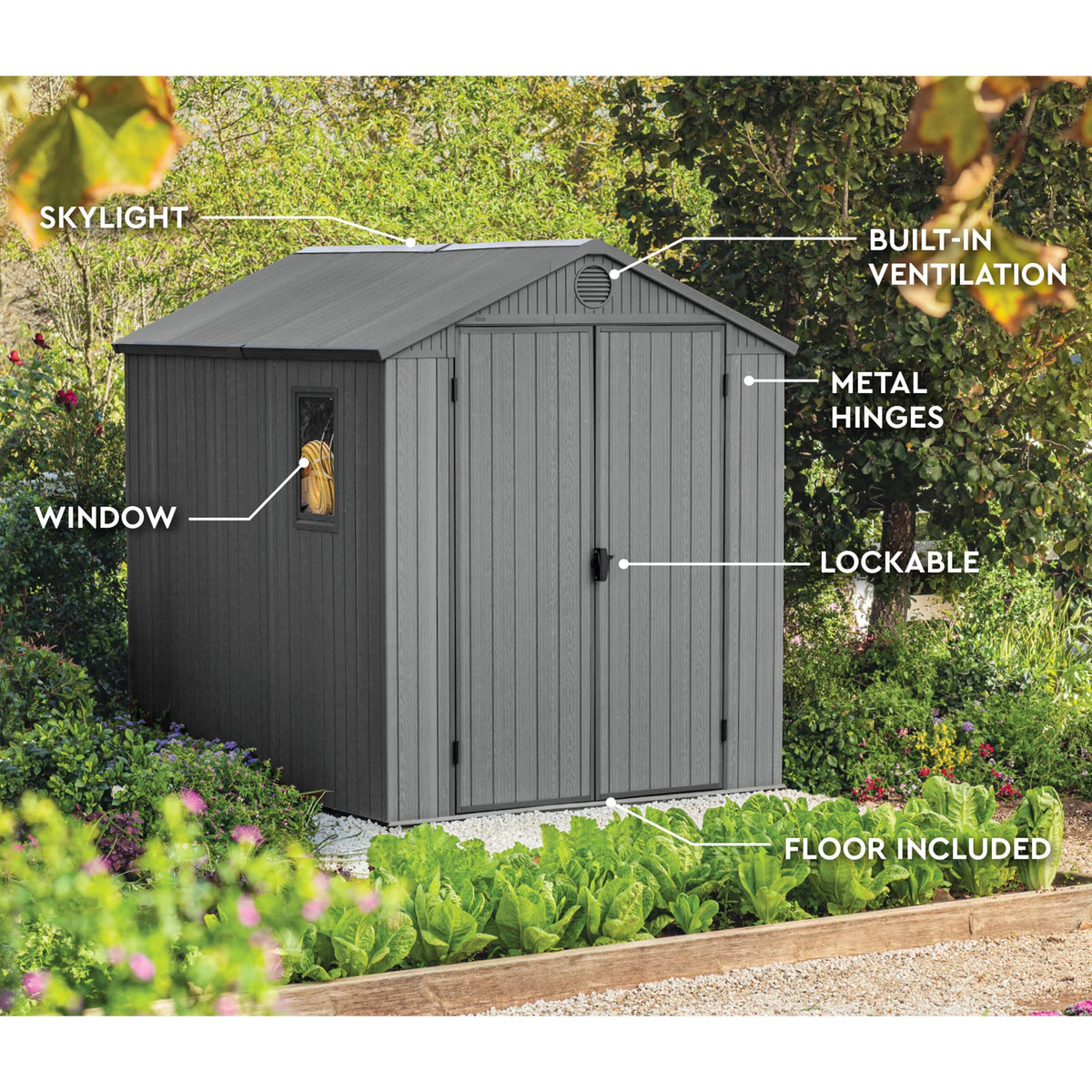 Keter Darwin 6x8 Ft Resin Storage Shed, Graphite Gray – Double Doors with Window & Skylight