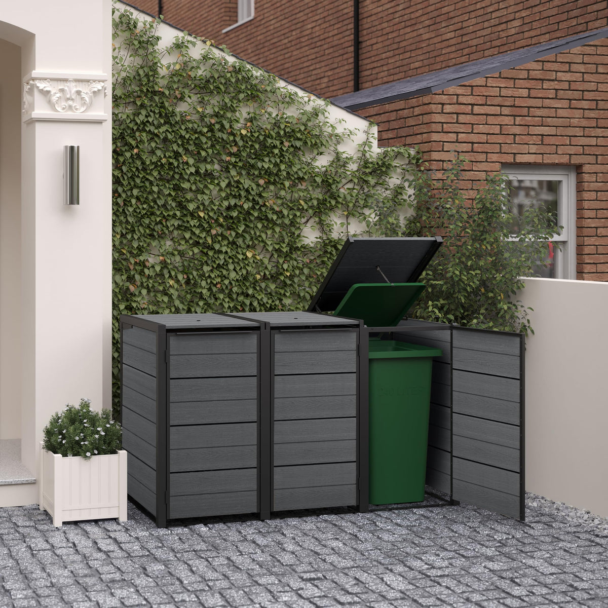 Keter 240L Hideaway 3-Bin Storage Unit | Evotech Wood-Effect, Weather-Resistant | Fits Three 240L Wheelie Bins | Steel & Aluminium Frame | Hydraulic Lids for Easy Access | Outdoor Bin Store