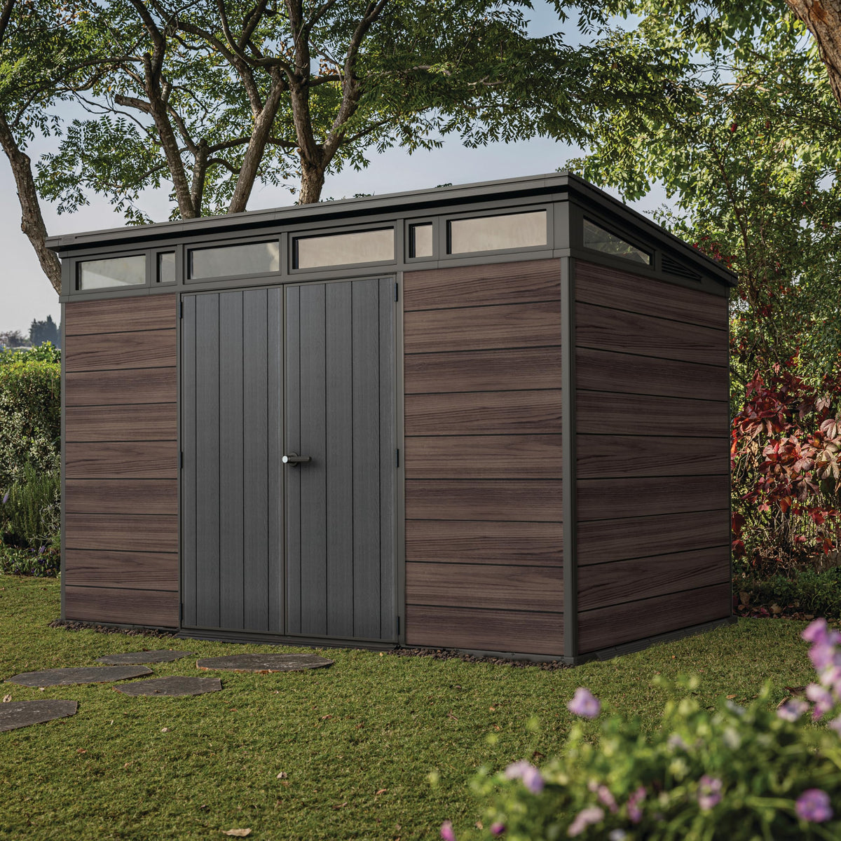 Keter Signature Collection Pent 11x7ft Outdoor Storage Shed | Large Weatherproof Garden Building with 13.7m³ Capacity, Steel‑Reinforced Roof, Heavy‑Duty Floor & Lockable Double Doors